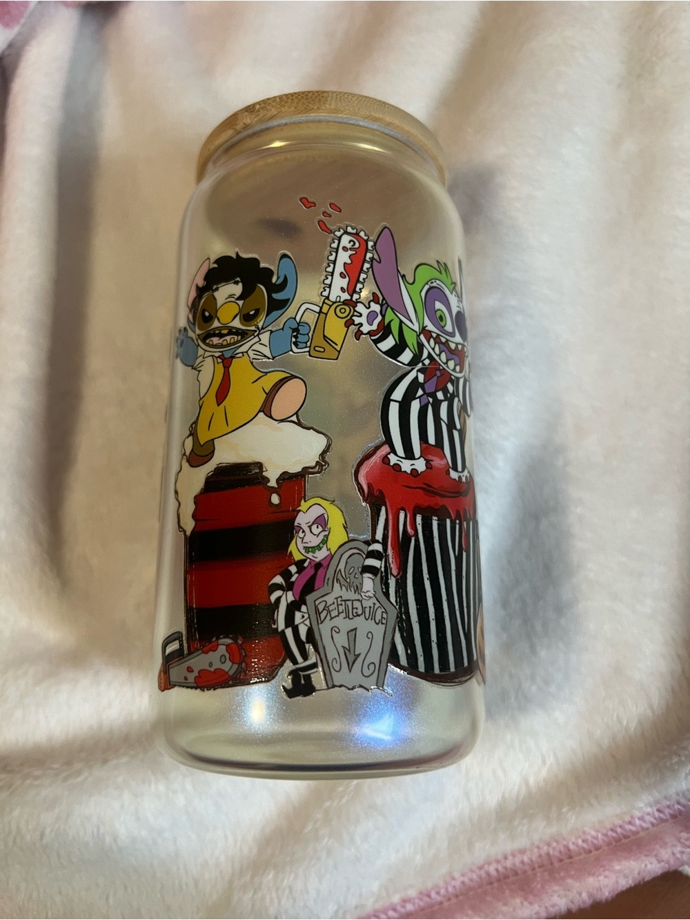 Halloween Horror Stitch Themed Decorative Glass Canister with Straw Top